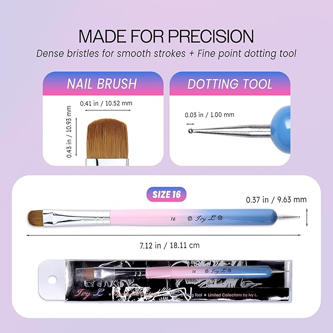 Ivy-L Premium 2 Way French Gel Acrylic Nail Art Kolinsky Brush With Dotting Tool for Professional Manicure Cuticle Clean Up Nail Art Design, Pink Blue Wood Handle (Size 16)