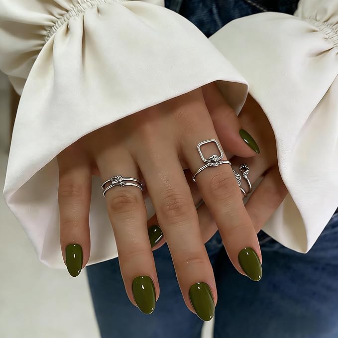 KQueenest Press On Nails Short - Olive Green Press On Nails Oval, 32 Pcs 16 Sizes Natural Short Fake Nails Press ons Almond, Reusable Opaque Glossy Gel Glue on Nail with Glue for Everyday Office Wear