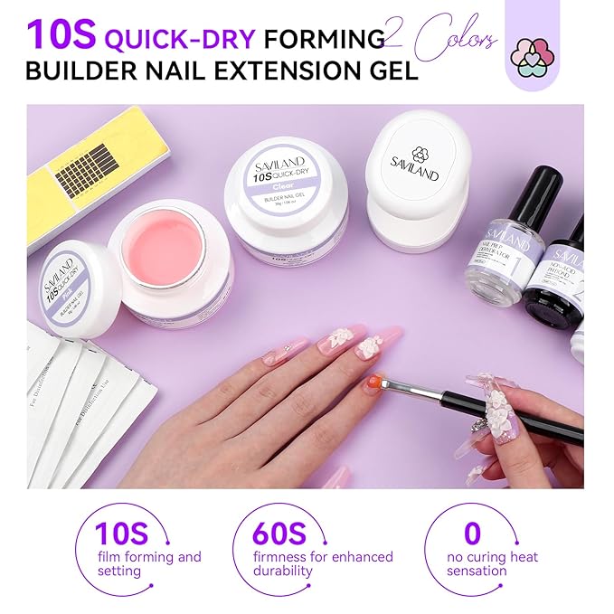 SAVILAND Quick-dry Builder Nail Gel Kit - Clear Pink Builder Hard Gel with Mini UV Light, Top Gels, Dehydrator, Non-acid PH Bond Primer and Nail Extension Application Tools for beginners