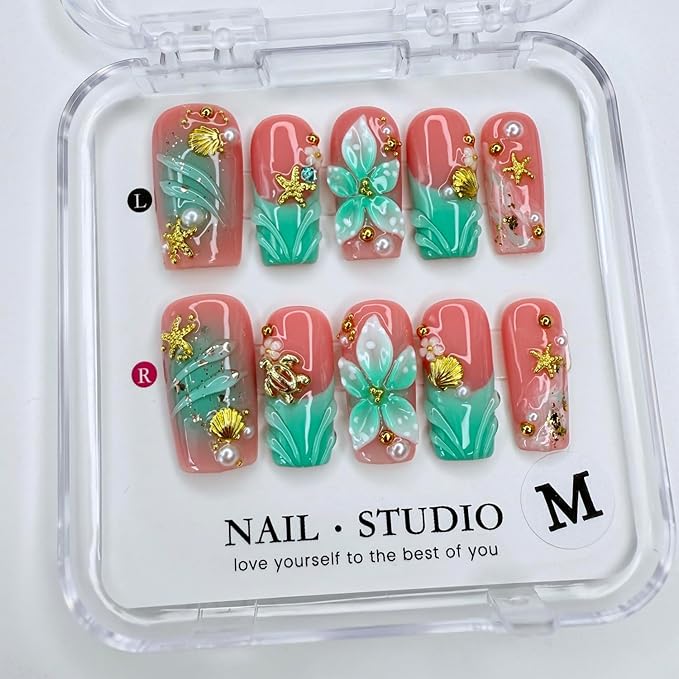 Handmade Press on Nails French False Nails Medium Coffin Fake Nails Gradient Flower Acrylic Nails Full Cover Reusable 3D Starfish Shell Fake Nails for Women Girls Accessories (Size S)