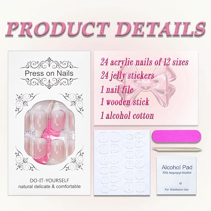 Press on Nails Short Square MABKJLF Fake Nails Full Cover Pink & White Gradient False Nails Glossy Glue on Nails Stick on Nails Acrylic Nails Artificial Nails for Women Girls 24Pcs