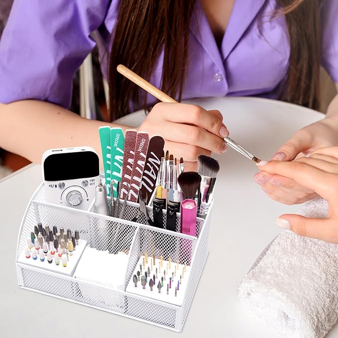 CGBE Nail Drill Bits Holder: 60 Holes Professional Drill Bit Holder for Nails - Mesh Metal Nail Tools Organizer Display Case - Nail Desk Organizer for Nail Tech - White (Not Included Nail Drill)