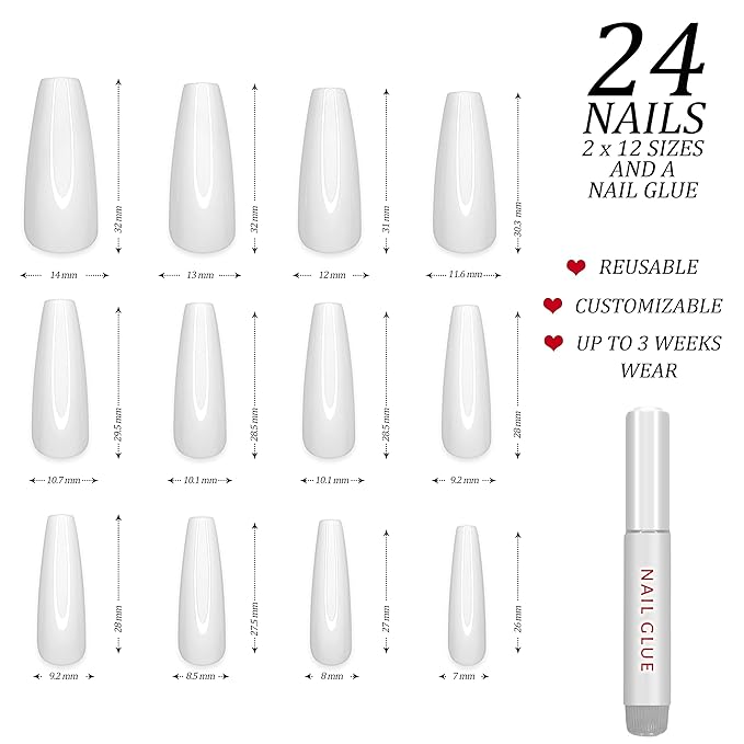 Hypnaughty 24 Pcs Classic White Glossy Extra Long Coffin Press On Nails and Glue XL Reusable Solid Color Luxury False Nails (Classic White)