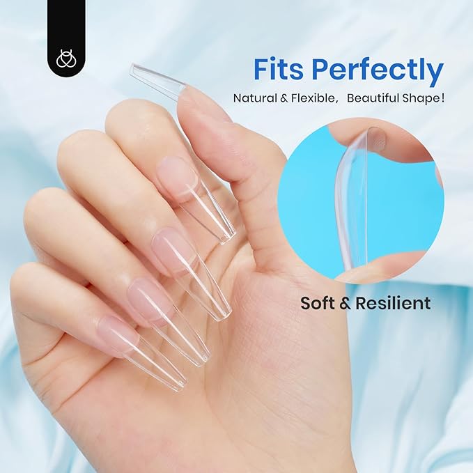Beetles Acrylic Nails Kit 500Pcs Long Coffin Pre-Shaped Clear Full Cover Soft False Nails, Nail Tips Soak Off Easy Nail Extension Set for DIY Nails Art Home Gift for Women