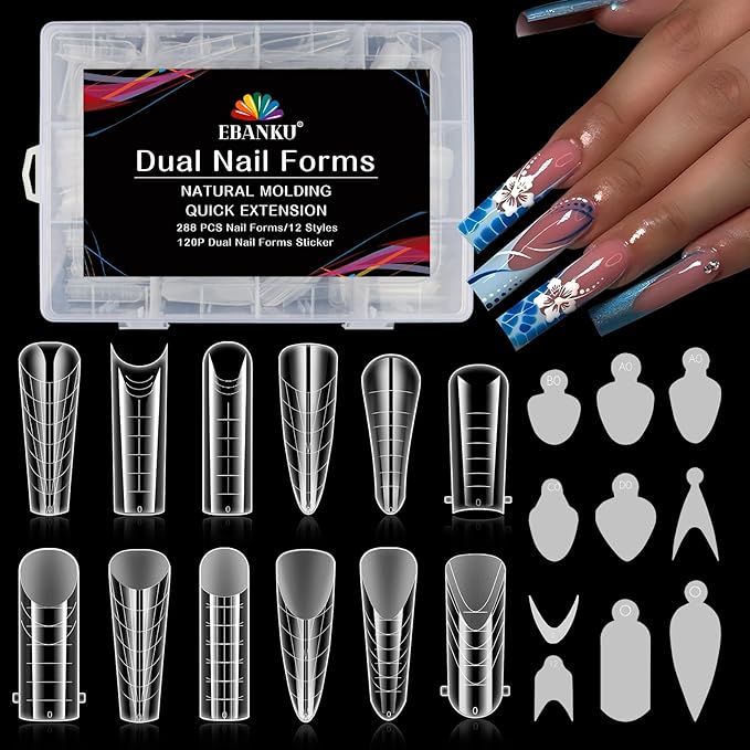 EBANKU 288PCS Nail Dual Forms for French Nails, Dual Nail Forms Molds Acrylic Nail Tips, Duet System Dual Forms Sticker Silicone Reusable Pads, 12 Styles 12 Sizes Scale for Manicure Extension, Clear