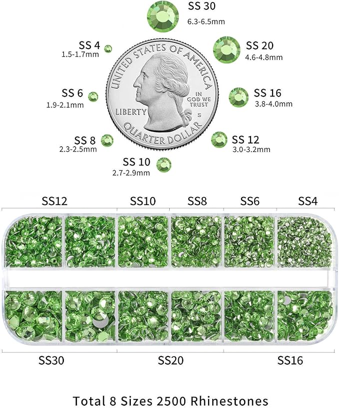 Beadsland Rhinestones for Makeup,8 Sizes 2500pcs Light Green Flatback Rhinestones Face Gems for Nails Crafts with Tweezers and Wax Pencil,Peridot,SS4-SS30