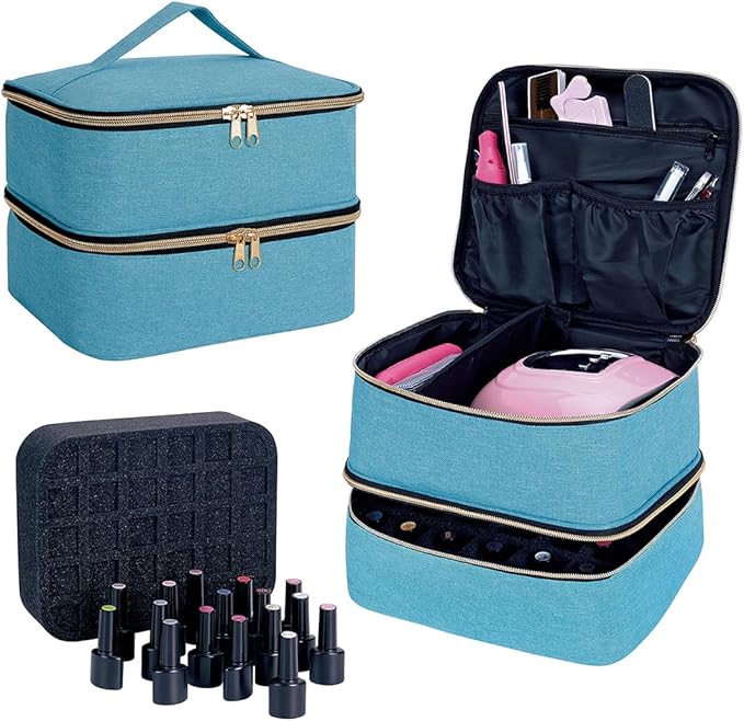 Nail Polish Organizer, Handheld Double Layer Organizer Holds 30 Bottles (15 ml/0.5 floz) with Adjustable Dividers for Nail Polish Small Manicure Lamp Manicure Tools and Travel,Light Green