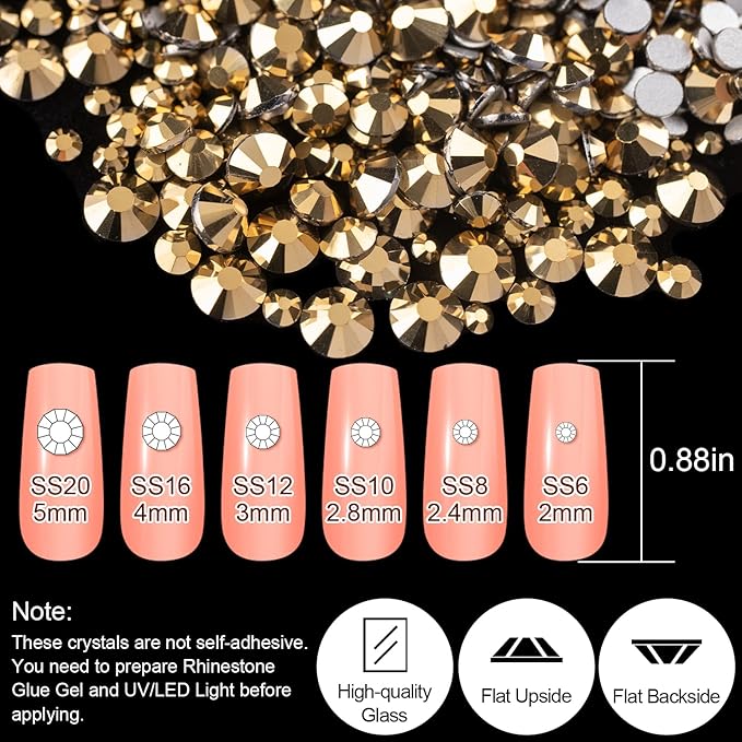 18 Styles Multi-Shaped Glass Gemstones for Nails and 6 Sizes Round Crystal Rhinestones Kit #9, Mineral Gold Nail Art Charm Bead Manicure Decoration with Pickup Pencil and Tweezer