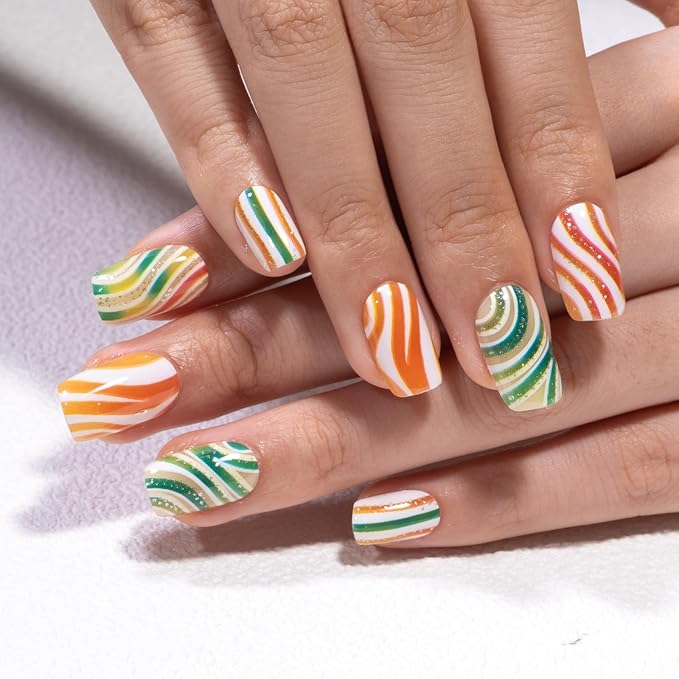 Curvlife Press on Nails with Colored Glass Design Full Cover Fake Nails for Women Reusable Nail Kit with Nail Glue Adhesive Tabs