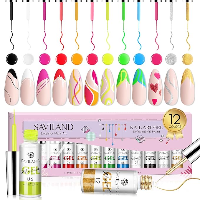 SAVIALND Gel Nail Art Polish Set: Nail Art Pens Markers Gel Liner Nail Art Polish Set Paint Set with White Red Silver Gold Nail Painting Drawing for Line Pulling Nail Polish Drawing