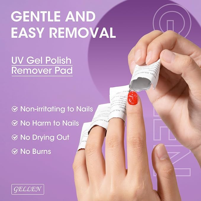 Gellen 100 Pack Gel Polish Remover and Nail Cleanser Pads, Acetone Nail Polish Remover Pads, Alcohol Wipes for Nails, Quick & Easy Removal, Individually Wrapped Travel Set for Perfect Nail Art