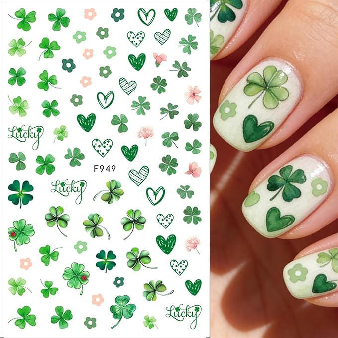 6 Sheets St. Patrick's Day Nail Art Stickers 3D Self-Adhesive Green Shamrock Nail Decals Clover Nail Stickers Luck Leaf of Irish Nails Designs St. Patrick's Day Nails Supplies for Women Manicure DIY