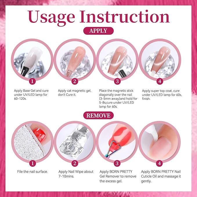 Born Pretty Cat Magnetic Eye Gel Nail Polish Set,6 Colors Jelly Glass Crystal Purple Red Pink Glitter Magnetic Gel Polish, Soak Off Nail Polish Valentine's Day Gift DIY Salon Home