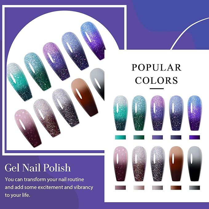 MEET ACROSS Color Changing Gel Nail Polish Set, 12 PCS Shimmer Glitter Mood Temperature Change Colors Kit, Black Brown Green Purple UV Thermal Manicure Gel Gift