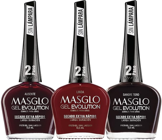 MASGLO Gel Evolution – Set of 3 Nail Polishes No UV/LED Lamp Needed, Fast-Drying, 12-Day Wear, 14-Free Formula, High-Gloss Finish, vegan (0.5 oz Each)