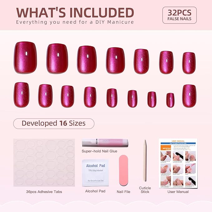 Press On Nails - Short Deep Red Square Nails, Soft Gel False Tips Kit, 32 Pcs Reusable