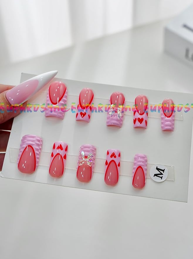 Euphrosyne Valentine Press On Nails – 10pcs Long Coffin Fake Nails in Pink with Red Heart Prints, Glitter Bows & Crystal Charms | Romantic Kawaii Stick-On Nails for Girls