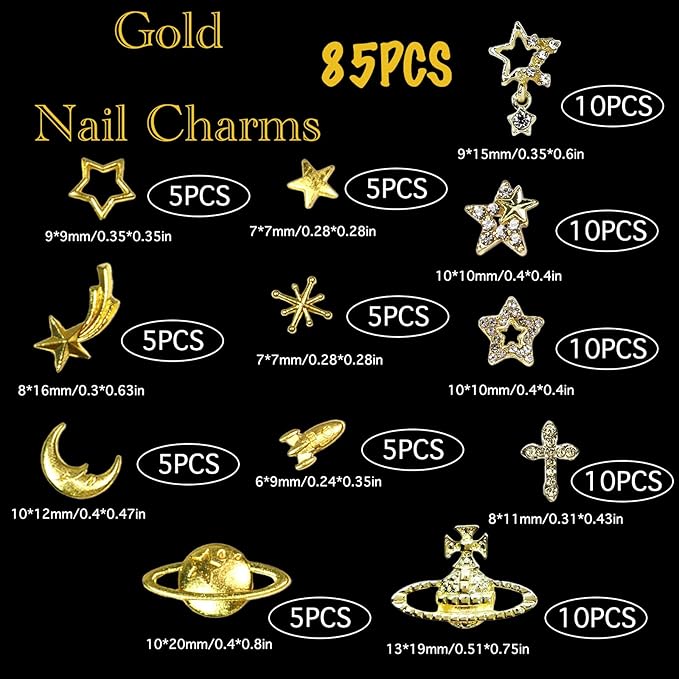 85PCS Star Nail Charms for Acrylic Nails,Gold Star Planet Cross Alloy Nail Art Decoration, Nail Stones Nail Jewels Accessories for Nail Art Supplies Manicure Craft DIY, Medium