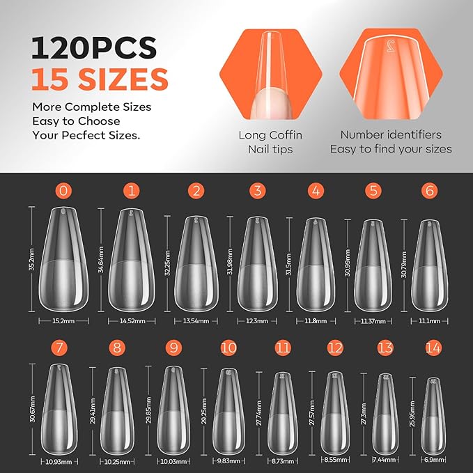 modelones Pro Luxe Instant Nail Apex Tips 15 Sizes, Long Coffin Extension Gel Tips Pre-building & Pre-etched Thicker Strength Acrylic Fake Nails Full Cover 120 Pcs