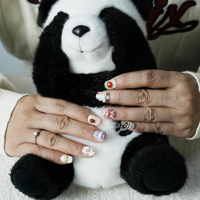 3D Cherry Press on Nails Short Square - Cute Cartoon Design with Mini Bow Charms, Colorful Kawaii False Nails for Women and Girls (Cartoon-A,S)