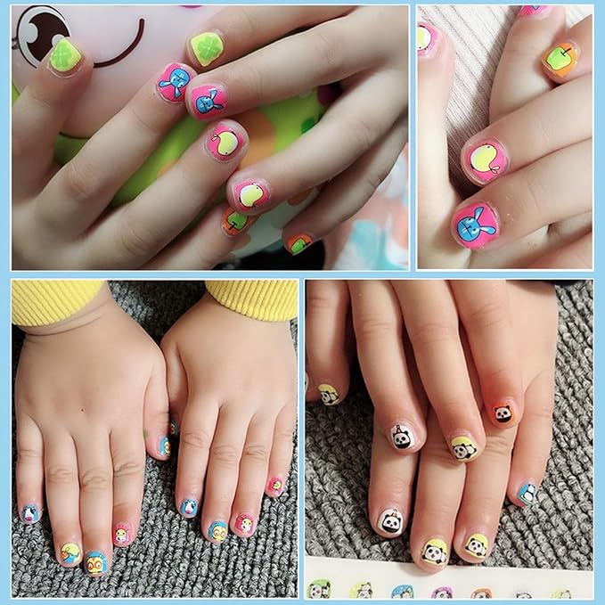 10Sheets Colorful Kid Nail Stickers Full Nail Wraps for Kids Girls Self Adhesive Nails Strips for Nail Art Decoration Fun Including Rainbow Heart Rabbit Flower Fruit Moon Sun for Age 7 and Older…