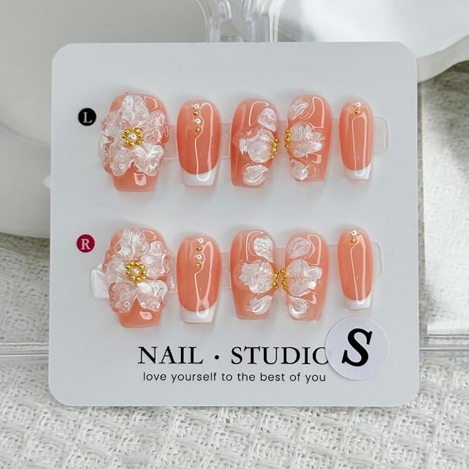 Handmade Press on Nails Medium Coffin White French Acrylic Nails 3D Flower Embossed False Nails Reusable 3D Flower and Pearl for Girls Manicure Art Decoration Accessories (Size S)