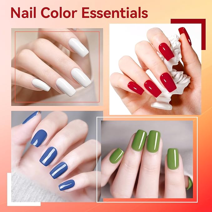 Nail Polish Set with Clear Base & Top Coat, Classic Red Green Blue White French Nail Polishes Non-Gel for All Seasons, Castor Oil, Quick Dry, Vegan,Hema-free, DIY Nails Art Gift for Women