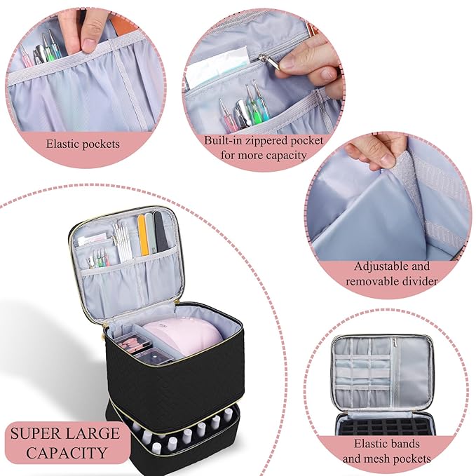 Nail Polish Organizer, Nail Polish Storage Holds 30 Bottles & Nail Lamp, Double Layer Nail Bag Organizer Case, Portable Nail Polish Holder for Nail Tech Travel & Manicure Kit