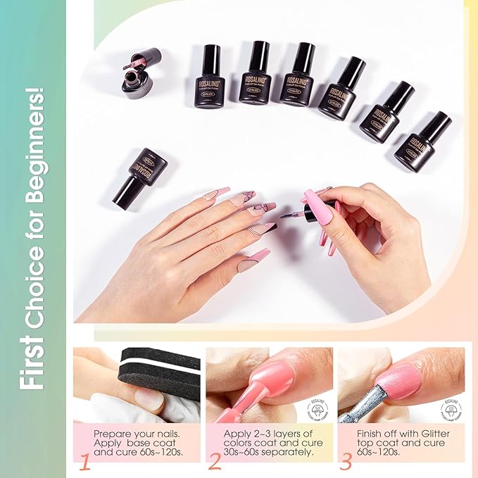 ROSALIND 65PCS Gel Nail Polish Set, 60 Colors Glitter Red Gel Polish with 5 Bottles of Base and Glossy Matte Top Coat Soak off Nail Set Suitable for All Seasons