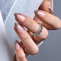 Curvlife Press On Nails Medium Square Nude Pink - Leopard French Tip Press on Nails with Glue, Black Gold Leopard Print Glitter Glossy Fake Nails Long Lasting False Nail Tips for Women