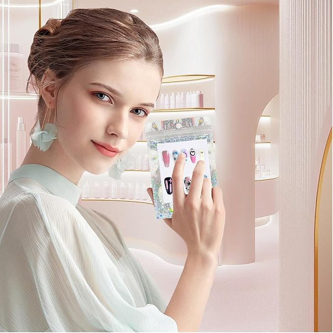 100 PCS Press On Nails Packaging Bag Holographic Nail Storage Bag and 100PCS Shiny White Pearl Card with 7 Sheets Pre-cut Nail Tape (Star)