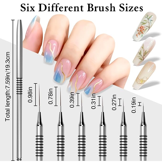 8pcs Metallic Nail Art Liner Brush Set – Fine Detail & Long Line UV Gel Painting Pens (Silver Non-Slip Handles)