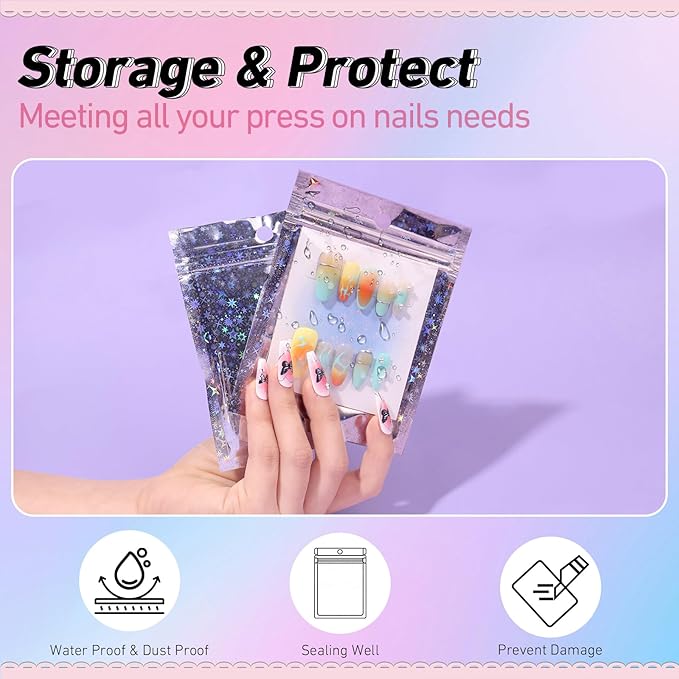 100PCS Press on Nail Packaging Bag, 100PCS Display Card with 231 Pcs Pre-cut Adhesive Tape & Diamond Art Pens & Glue Clay & Tweezers, 6-in-1 Set for Nail Display (Laser star)