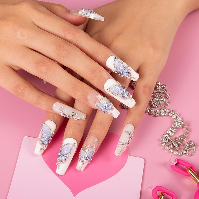 LOVFUL Press on Nails Holly Blue | Handmade with Full Covered Crystals | Reusable Fake Nails | Coffin Classic Regular 1.3 in | H23-S