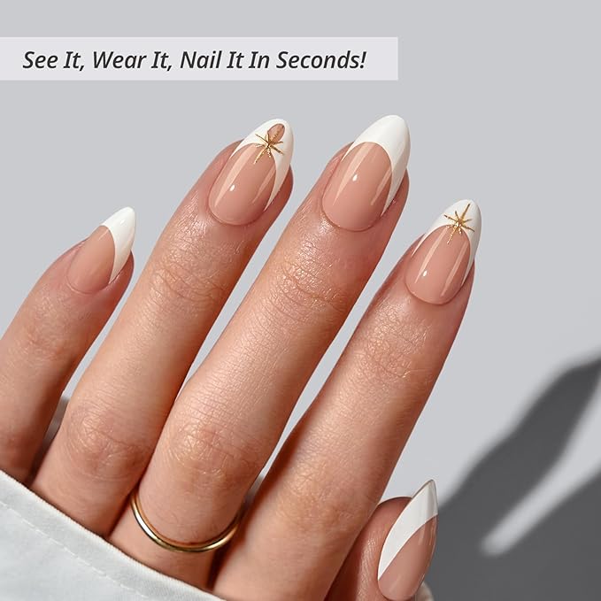 BTArtbox Press On Nails Short - Starlight Frost, 3D Gold French Tip Press On Nails with Glue and Adhesive Tabs for Women in 16 Sizes - 32 Soft Gel Glue On Nails Kit
