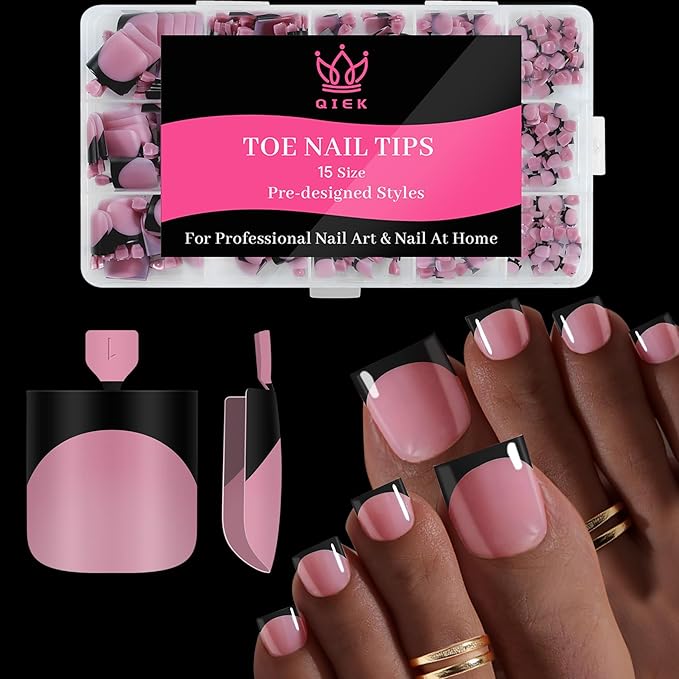 Toenail Press Ons French Tip, Berry Pink Black Elegant False Toe Nail Extension 15 Sizes 270 Pcs Sharp Square Acrylic Tips Pre-applied Nail Primer & Base Coat Full Cover for DIY Home 2025 Summer