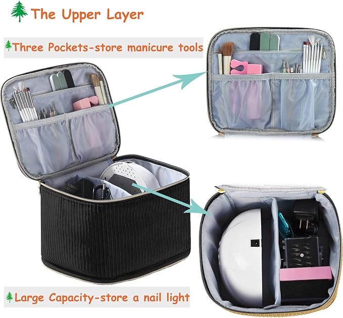 Corduroy Nail Polish Organizer and Nail Lamp Case, Nail Kit Organizer Holds 30 Bottles (15ml - 0.5 fl.oz) and a Nail Lamp, Nail Polish Carrying Case with Manicure Tools Storage Sections (Black)
