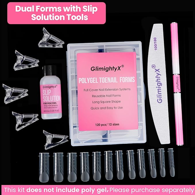 Straight Flat Polygel Nail Forms Kit for Toes,GlimightyX Reusable Toenails Dual Forms for Polygel with 1.35oz Nail Slip Solution Anti-Stick,with Dual-Ended Brush,Nail File Nail Clips,12 Sizes 120Pcs