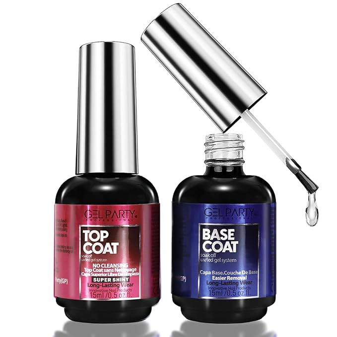GELPARTY Gel Top Coat & Base Coat Set 2x15ml – No Wipe, HEMA-Free, Long-Lasting UV/LED Soak-Off Gel Nail Polish Kit, High Gloss Shine, Strong Adhesion, Chip-Resistant, Salon & DIY Manicure Essentials