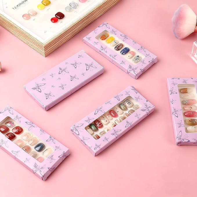 ANGNYA 72PCS Empty Press On Nail Packaging Box Contains 35PCS Butterfly Press On Nail Boxes, 35PCS White Display Cards, 2PCS Double Sided Tapes, Nail Tip Storage Case for Press-on Nail Business