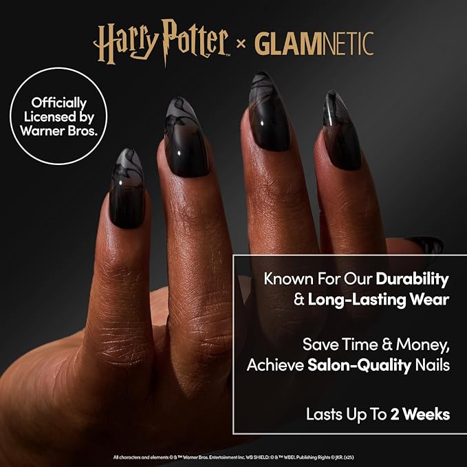 Glamnetic Press On Nails x Harry Potter™ - Dementor™ | Medium Almond Fake Nails with Smoky Black Gradient Tips, Salon Quality, Officially Licensed | 15 Sizes - 30 Nail Kit with Glue