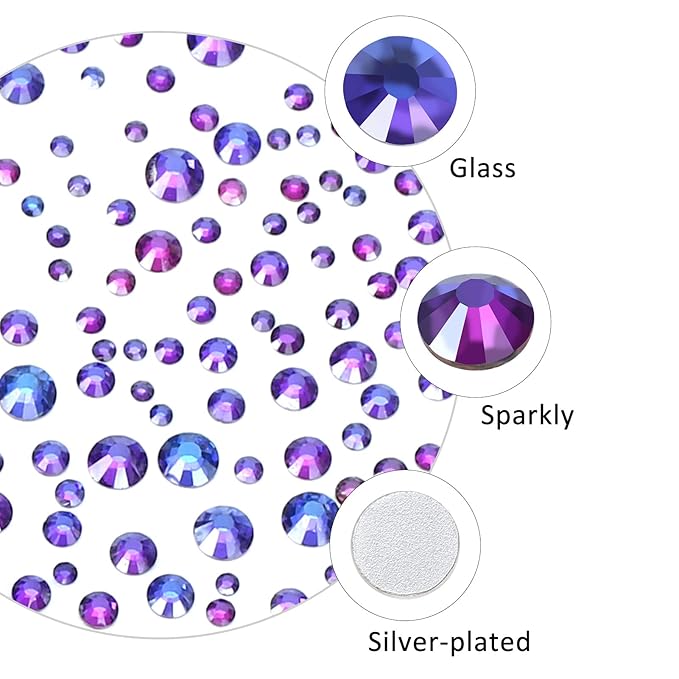 4240Pcs Purple Velvet Flatback Rhinestones 6 Sizes Crystal Diamonds for Nail Art Crafts Clothes Shoes with Tweezers and Picking Pen
