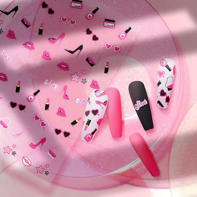 winthrop 8 Sheets Valentine's Day Nail Art Stickers, Charming Heart Lips High Heels 3D Trendy Design Self-Adhesive Pink Nail Art Decals, DIY Manicure Decoration Supplies Accessories for Women Girls