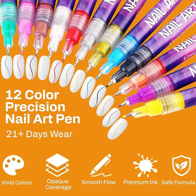 12 Colors Nail Art Pens & Nail Markers Set, 0.5mm Ultra-Fine Tip Acrylic Paint for Nail Painting & DIY Manicure, Water-Based Quick Dry Design Tools, Easy for Everyone, Easter Basket Stuffers (24PCS)