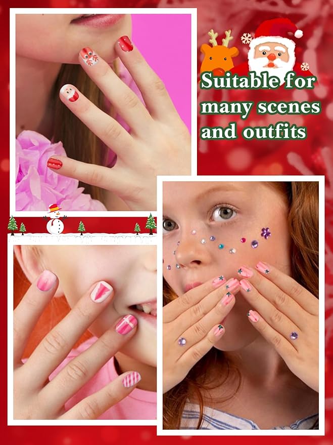 130 Pieces Christmas Press on Nails for Kids, EBANKU 5 Pack Kid Fake Nail Kit Old Christmas Cute Press on Nails for girls 8-12 Years with Jelly Nail Adhesives & Nail Builder Glue
