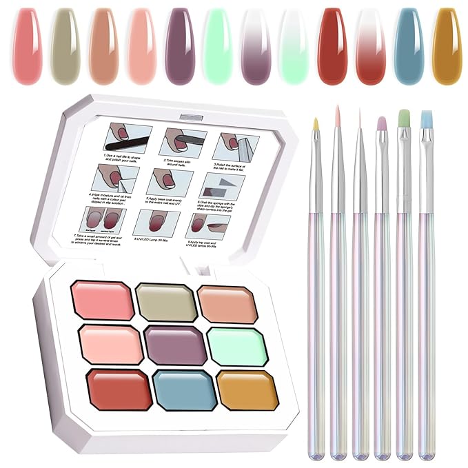 Gradient Painting Gel Set, 9 Colors Ombre Gel Nail Polish with 6 Aurora Multi-Purpose Brushes for Ombre Nails Aura Nails French Manicure Soak Off UV L Monet’s Garden