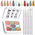Gradient Painting Gel Set, 9 Colors Ombre Gel Nail Polish with 6 Aurora Multi-Purpose Brushes for Ombre Nails Aura Nails French Manicure Soak Off UV L Monet’s Garden