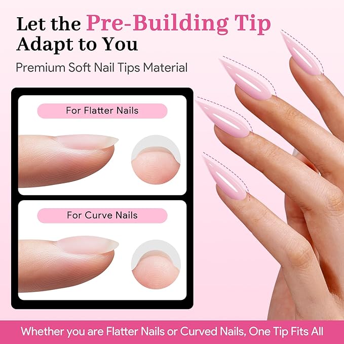 Medium Almond Pre-Building Nail Tips, 15 Sizes 240 PCS Pre-shaped Apex Pink Soft Press On Fake Nail Half Matte Gel Nail Extensions Strong Thick Acrylic Tip for DIY Beginners & Salon Manicure