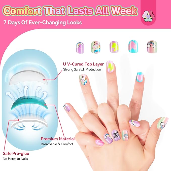 168 Pieces Press on Nails for Kids, SAVILAND 7 Pack Children Fake Artificial False Nail Tips Old Colorful Flower Nails For Girls 8-12 Years Pre Glue Full Cover with Nail Adhesive Tabs (Glamkids)