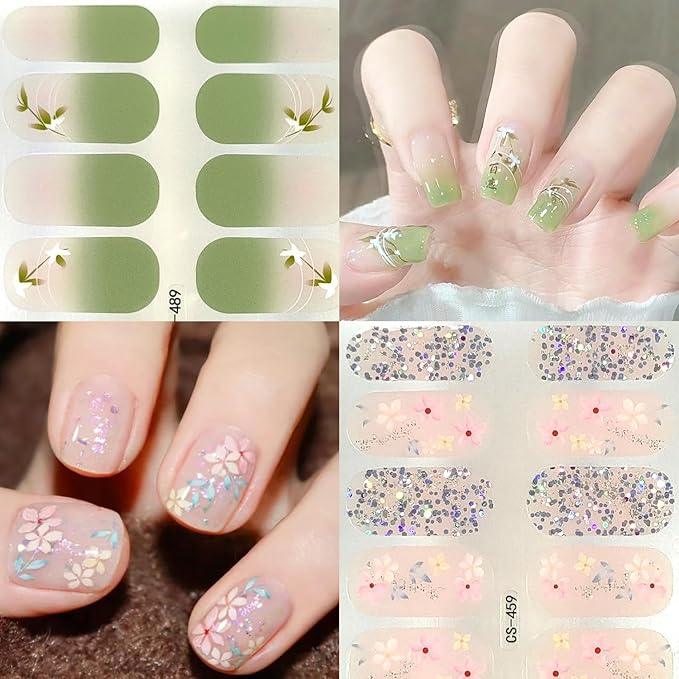 Spring Gel Nail Stickers 4 Sheets Flowers Nail Polish Strips Summer Cute Cherry Blossom Floral Design Nail Art Supply Self-Adhesive Long Lasting Nail Polish Wraps Full Wrap Nail Strips for Women